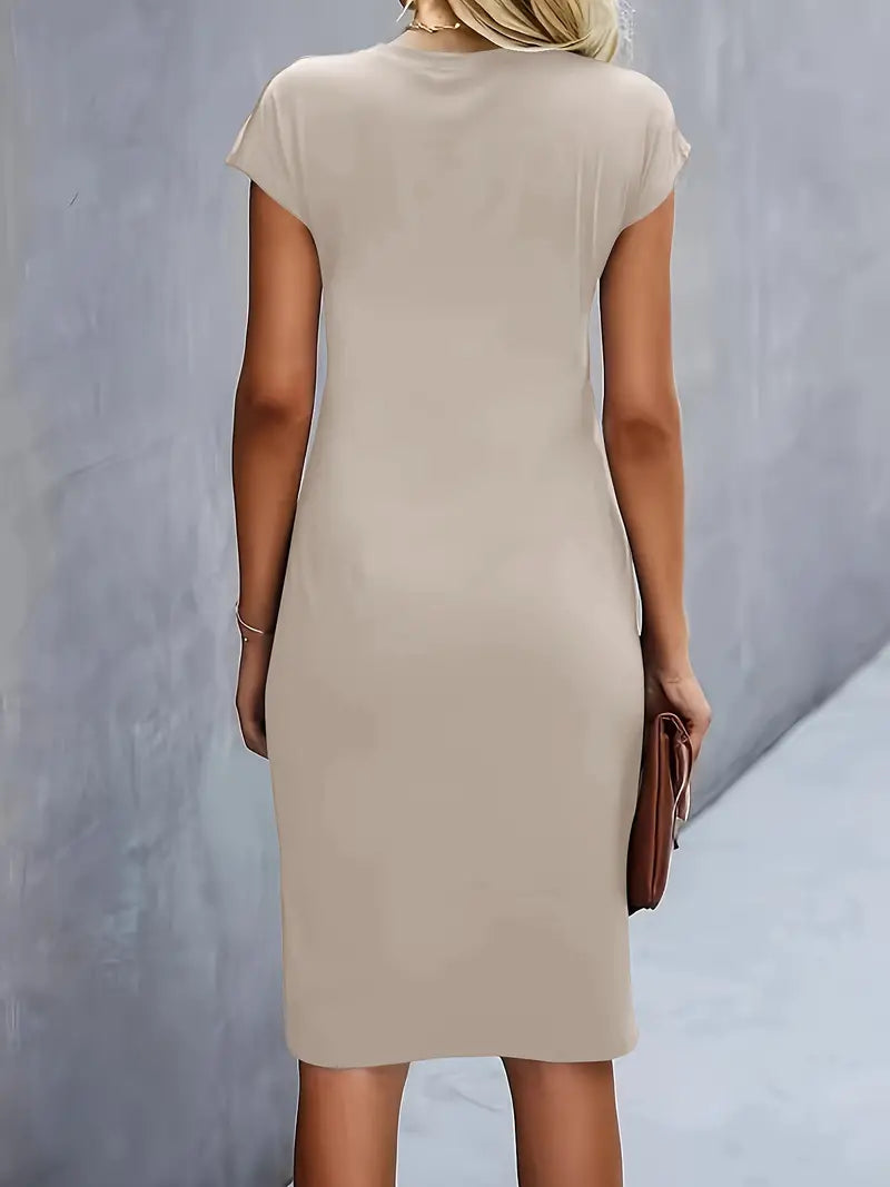 Short Sleeve Ruched Waist Midi Dress