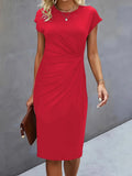 Short sleeve ruched waist midi dress in red, front view