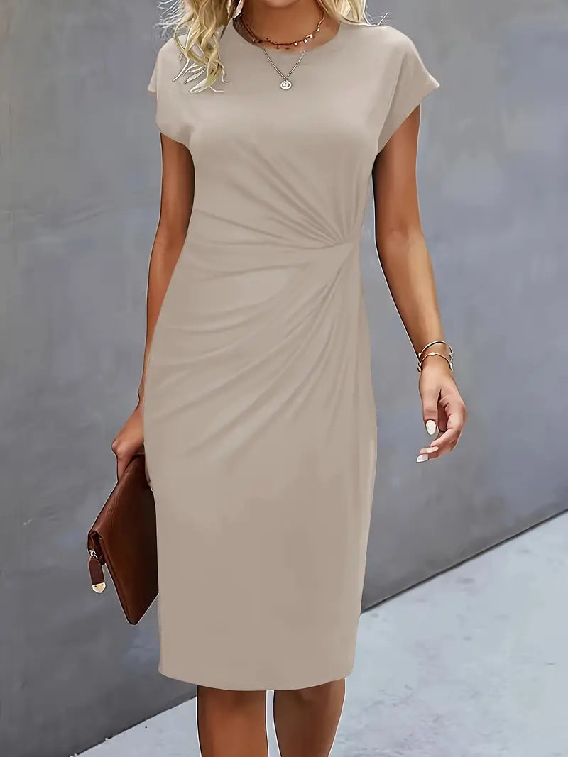 Short sleeve ruched waist midi dress in blue, back view