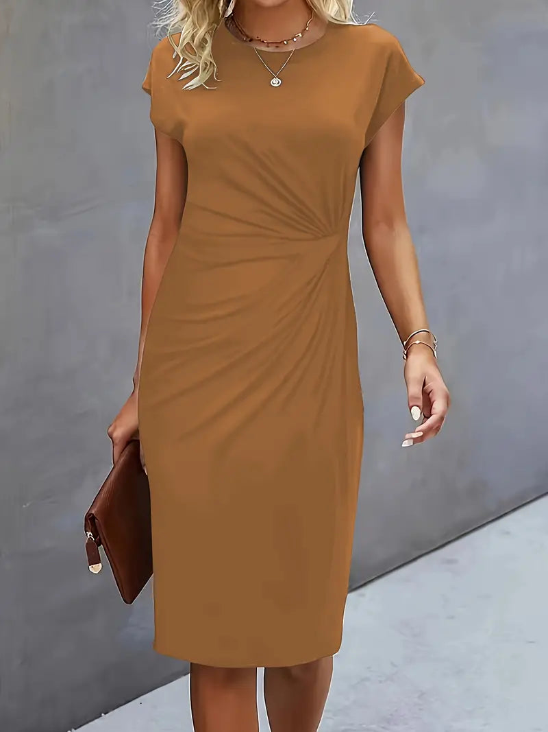 Short sleeve ruched waist midi dress in blue, front view