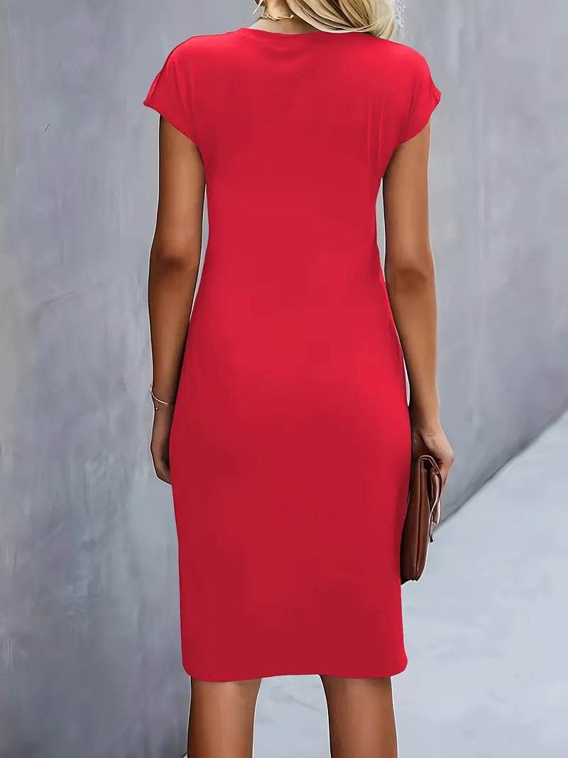 Short sleeve ruched waist midi dress in green, front view