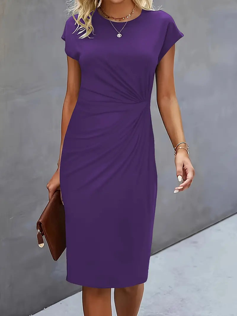 Short sleeve ruched waist midi dress in brown, side view