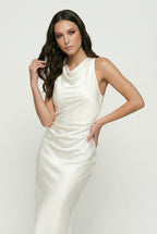 Women's cowl neck satin midi dress in white – sleeveless ruched side front view