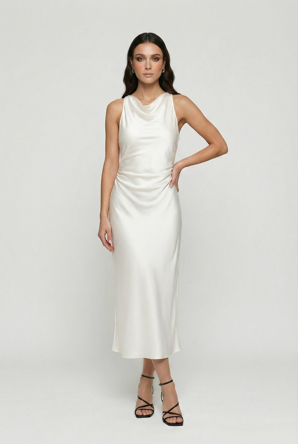 White satin cowl neck midi dress for women – sleeveless fitted style