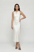 White satin cowl neck midi dress for women – sleeveless fitted style