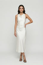 White satin cowl neck midi dress for women – sleeveless fitted style