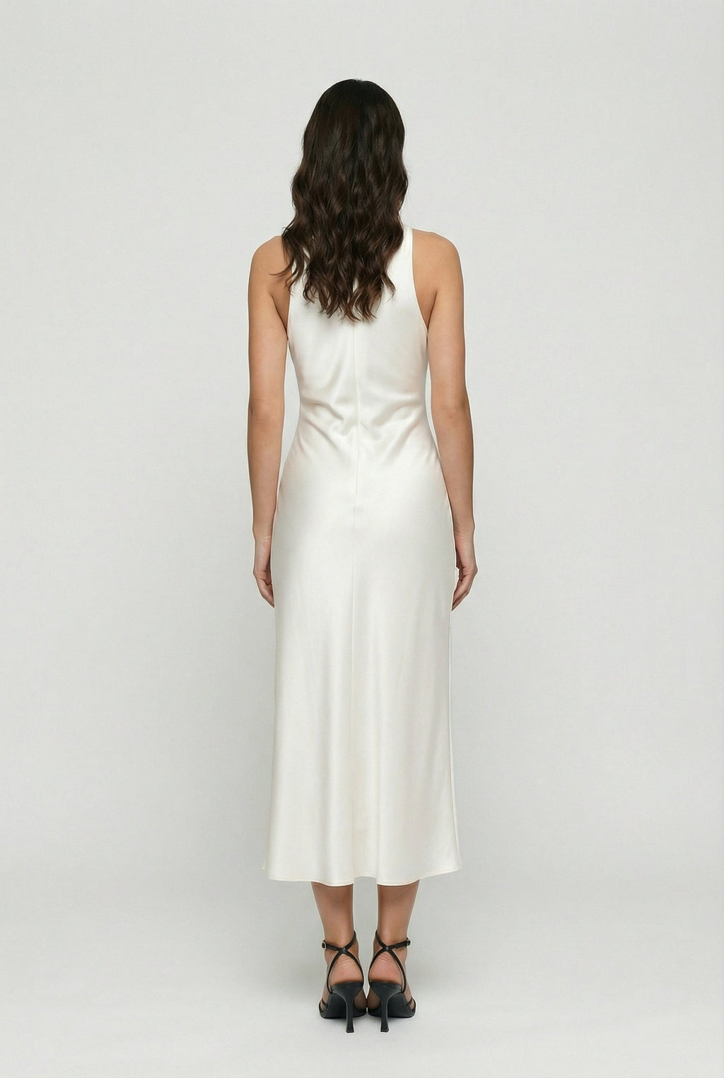 Women's white satin midi dress – cowl neck back view