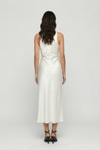 Women's white satin midi dress – cowl neck back view