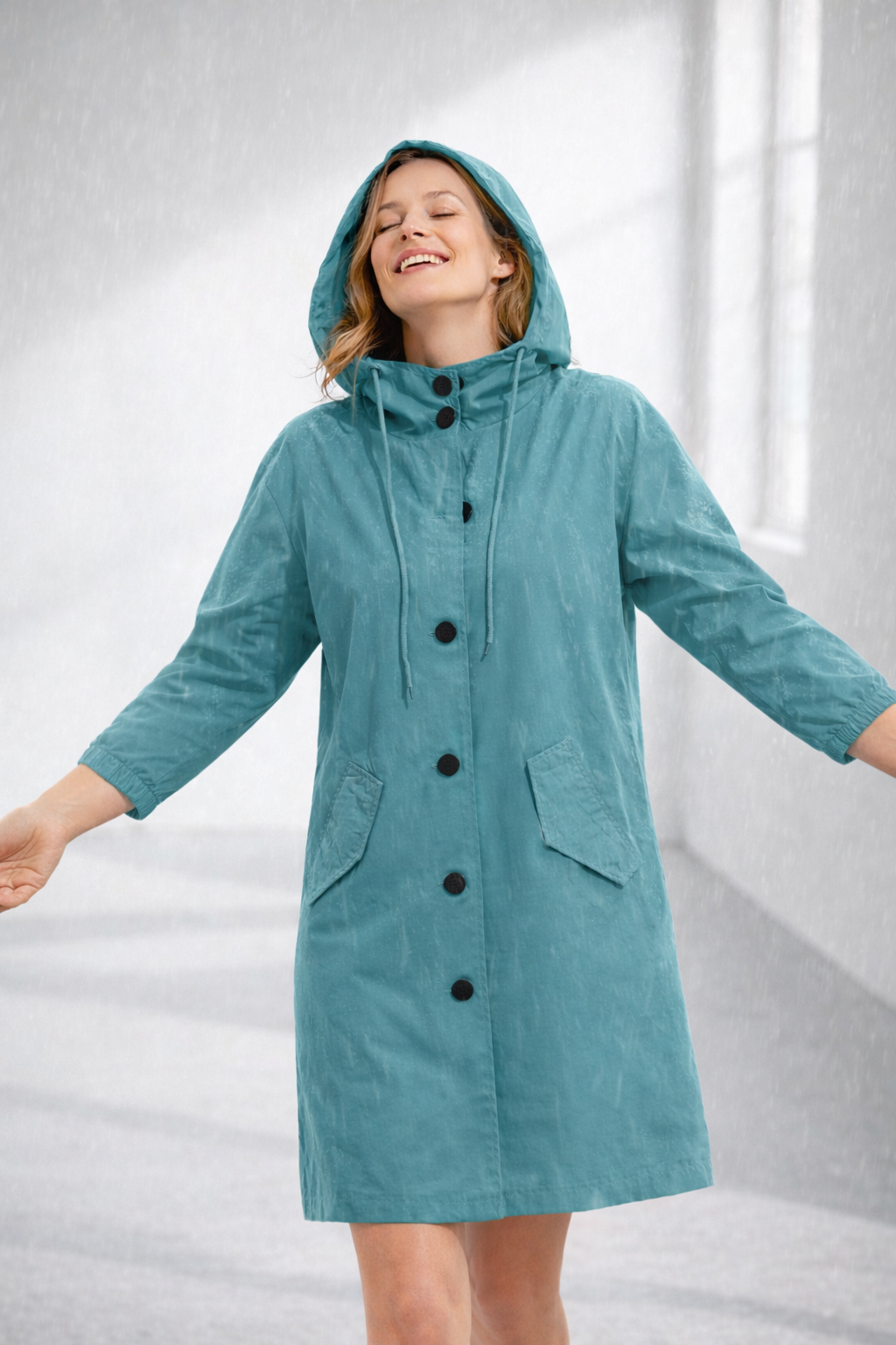 Turquoise mid-length hooded Jacket