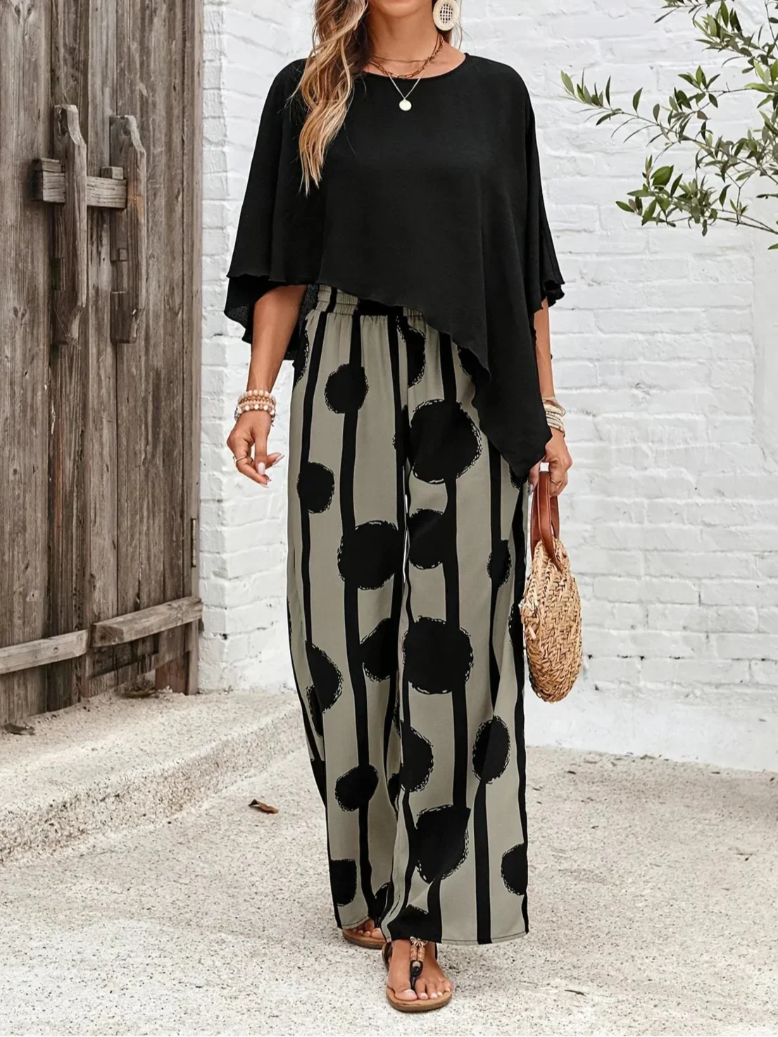 Asymmetric top and printed trousers co-ord, colourway view