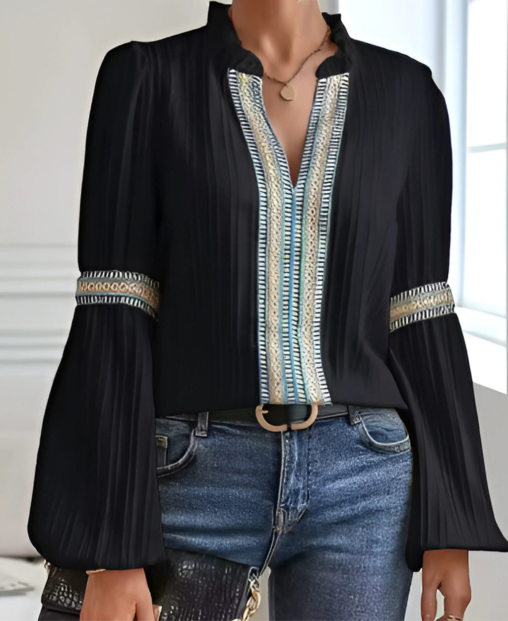 V-Neck Vintage Blouse Cotton Blend Green | Alba Muse