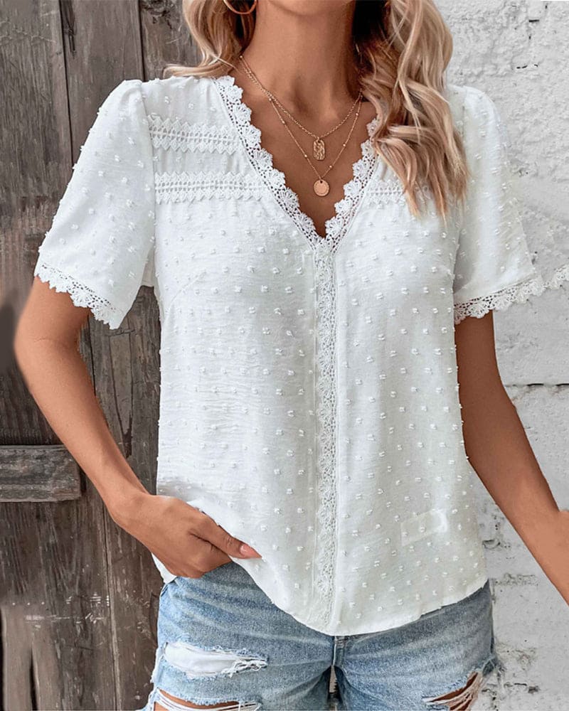 Lace trim blouse V-neck front view | Alba Muse