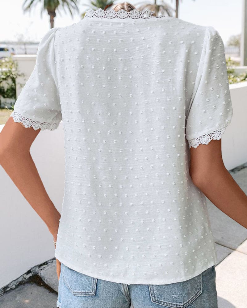 V-Neck Lace Trim Summer Blouse