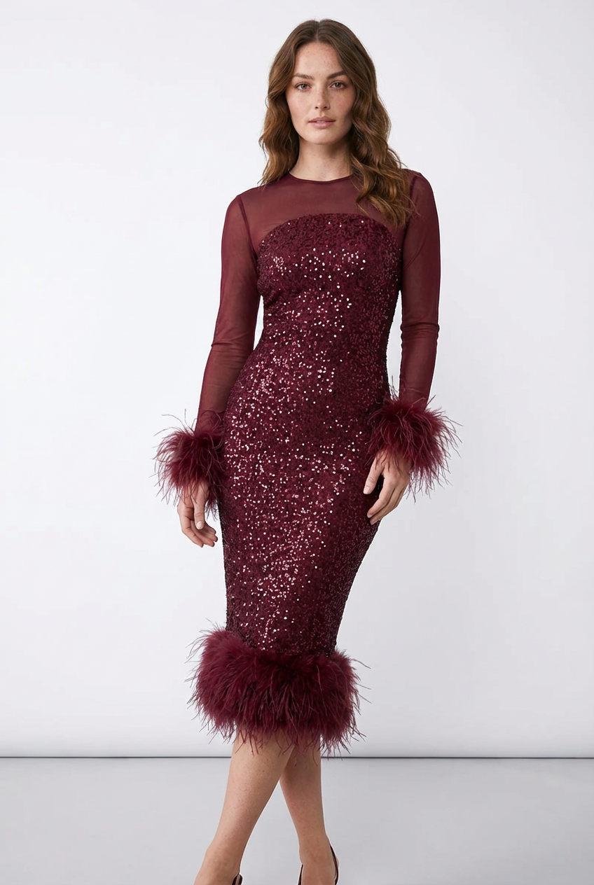 Women’s Feather Patchwork Sequin Midi Dress