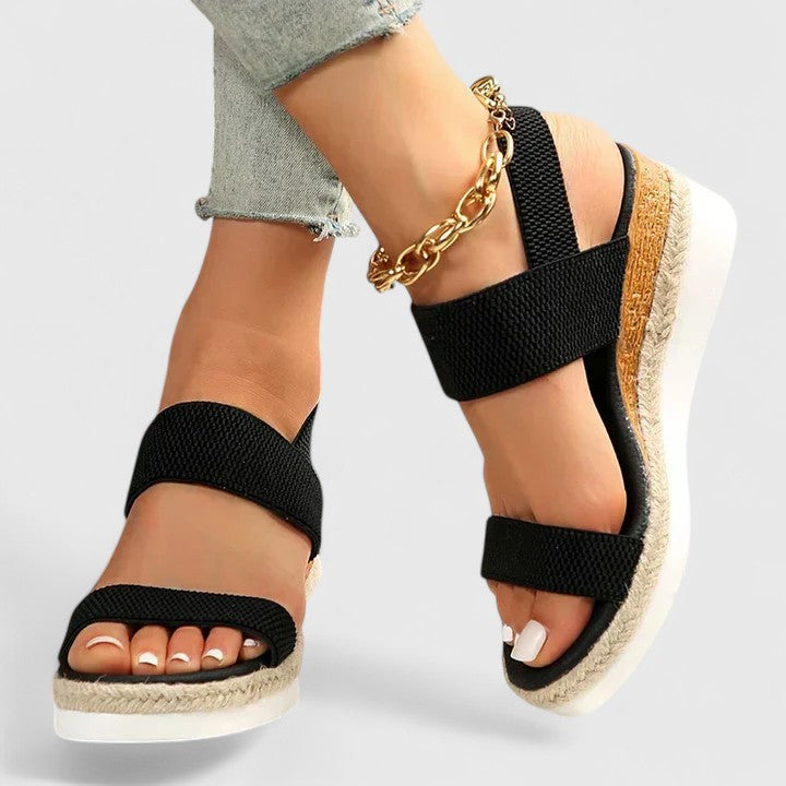 Orthopaedic platform sandals in black – women's elastic strap espadrille sole
