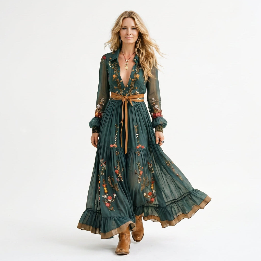 Floral maxi summer wedding dress in green, front view