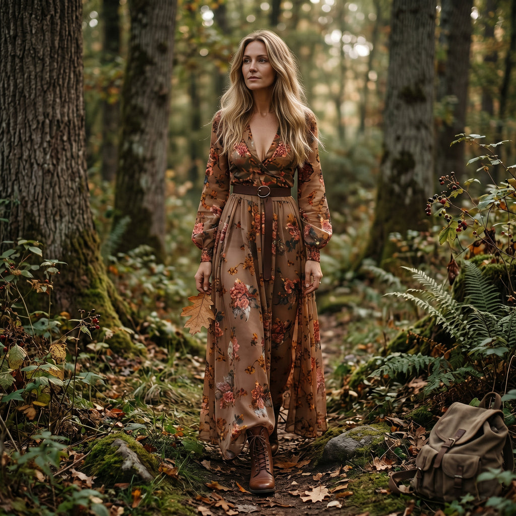 Floral maxi summer wedding dress in dark brown, front view