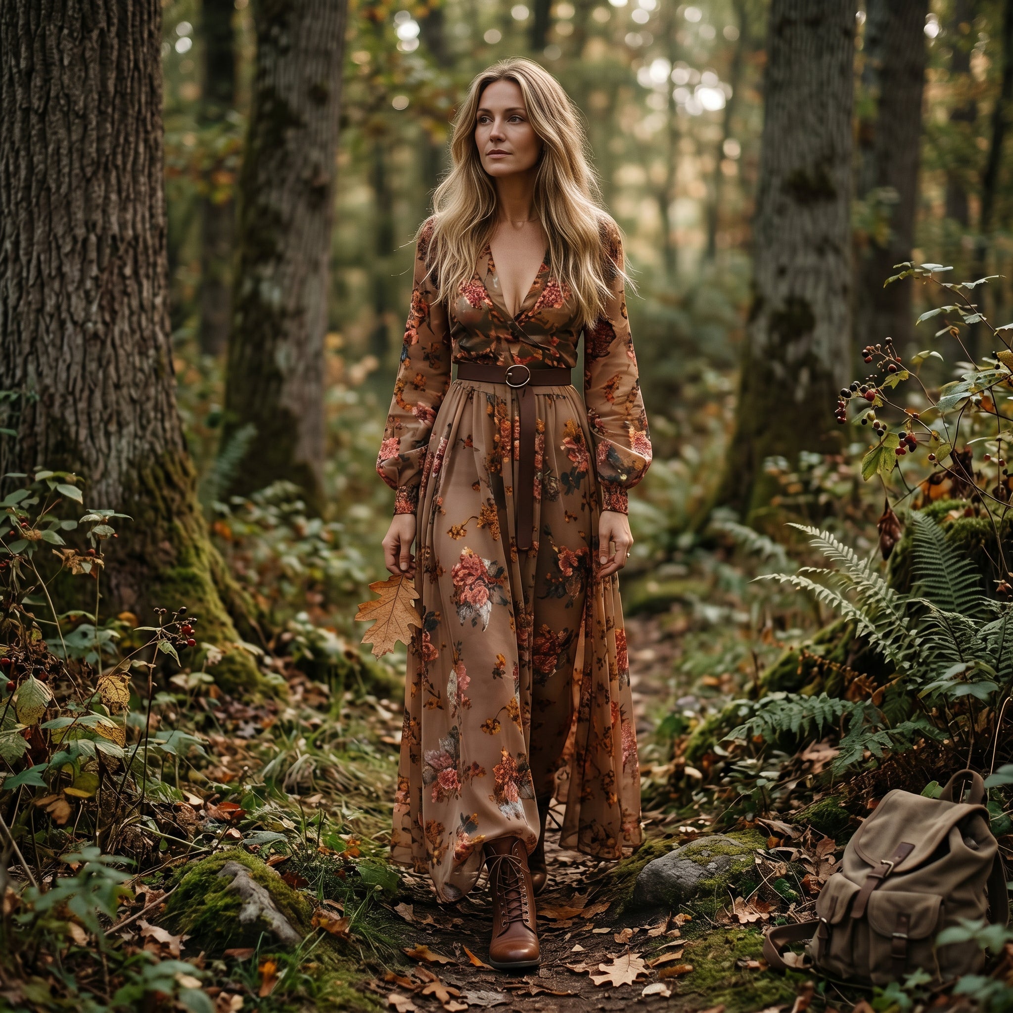 Floral maxi summer wedding dress in dark brown, front view