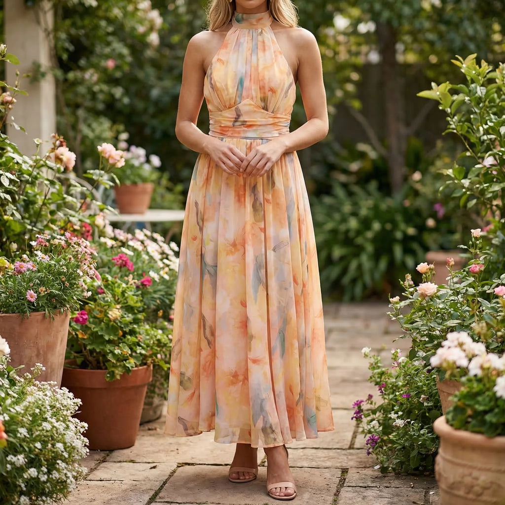 Women's floral halter neck maxi dress with open back, front view