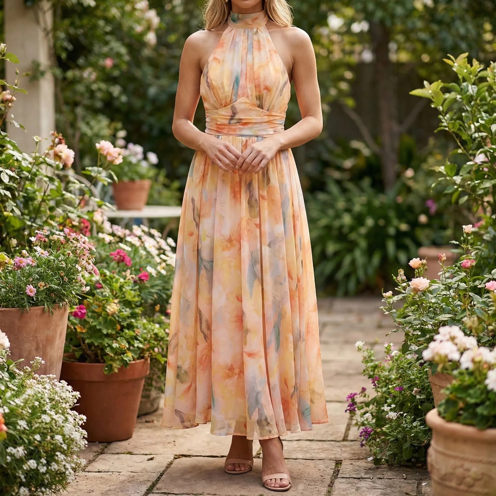 Women's floral halter neck maxi dress with open back, front view