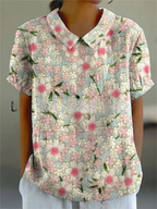 Women's Vintage Floral Embroidered Linen Blouse styled look - Classic Collar Short Sleeve Blouse