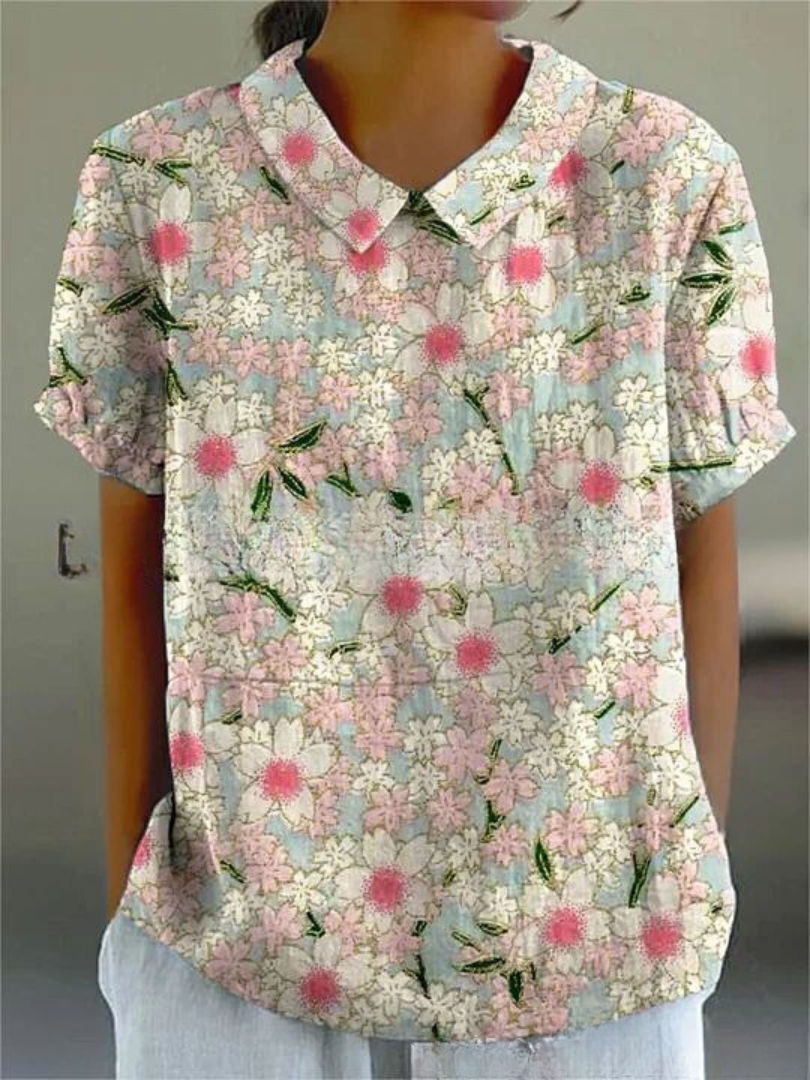 Women's Vintage Floral Embroidered Linen Blouse styled look - Classic Collar Short Sleeve Blouse