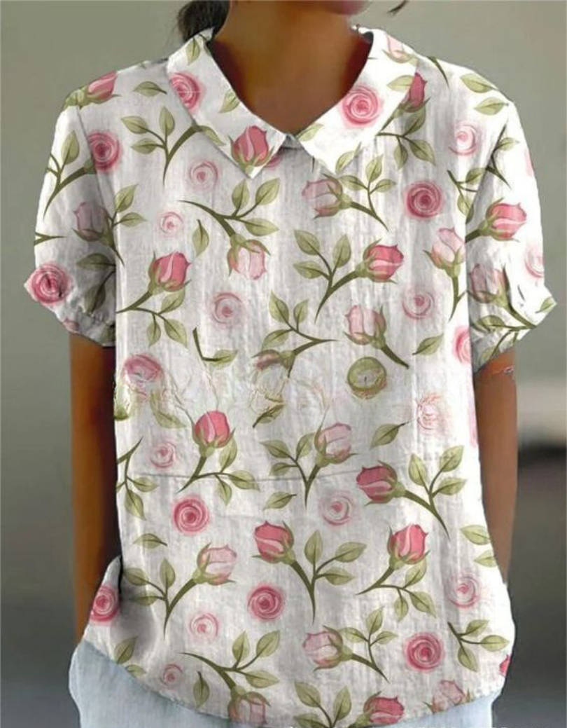 Women's Vintage Floral Embroidered Linen Blouse close-up - Classic Collar Short Sleeve Blouse