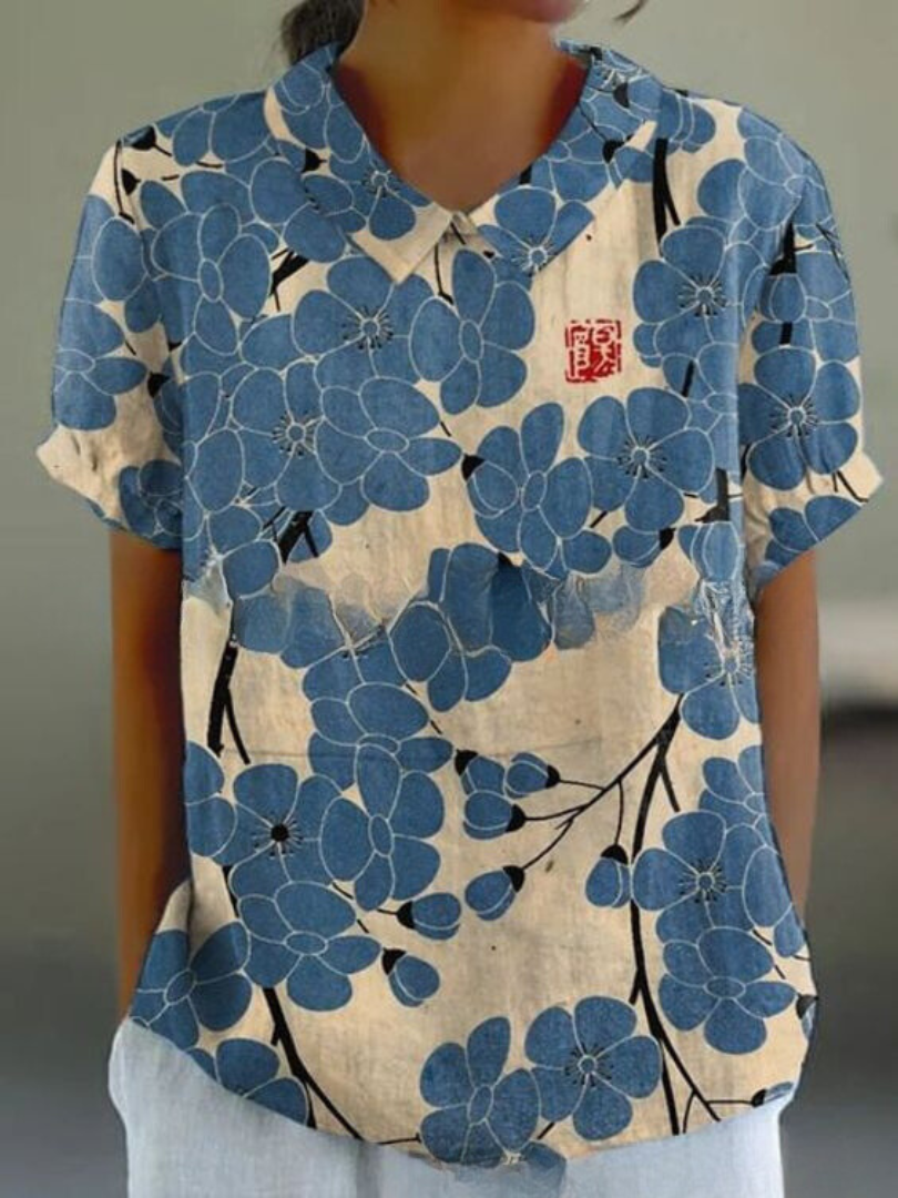 Women's Vintage Floral Embroidered Linen Blouse worn view - Classic Collar Short Sleeve Blouse