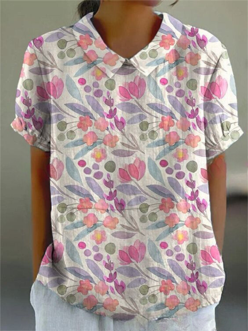 Women's Vintage Floral Embroidered Linen Blouse alternate angle - Classic Collar Short Sleeve Blouse