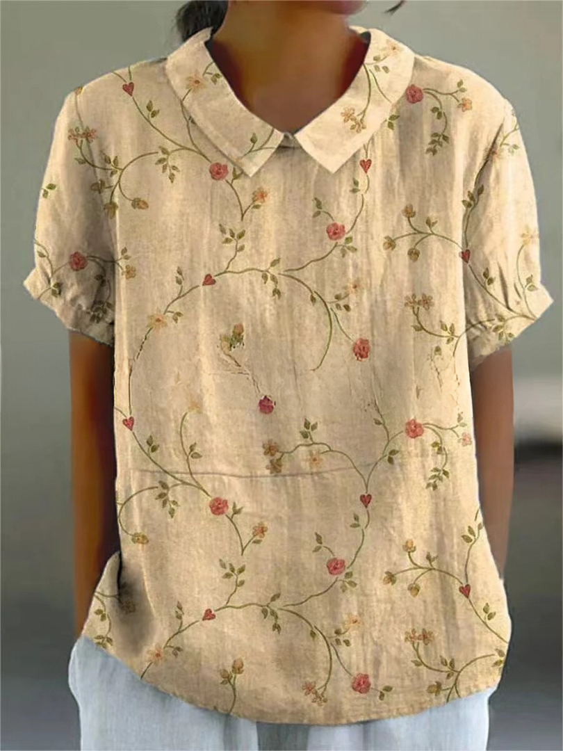 Women's Vintage Floral Embroidered Linen Blouse embroidery detail - Classic Collar Short Sleeve Blouse