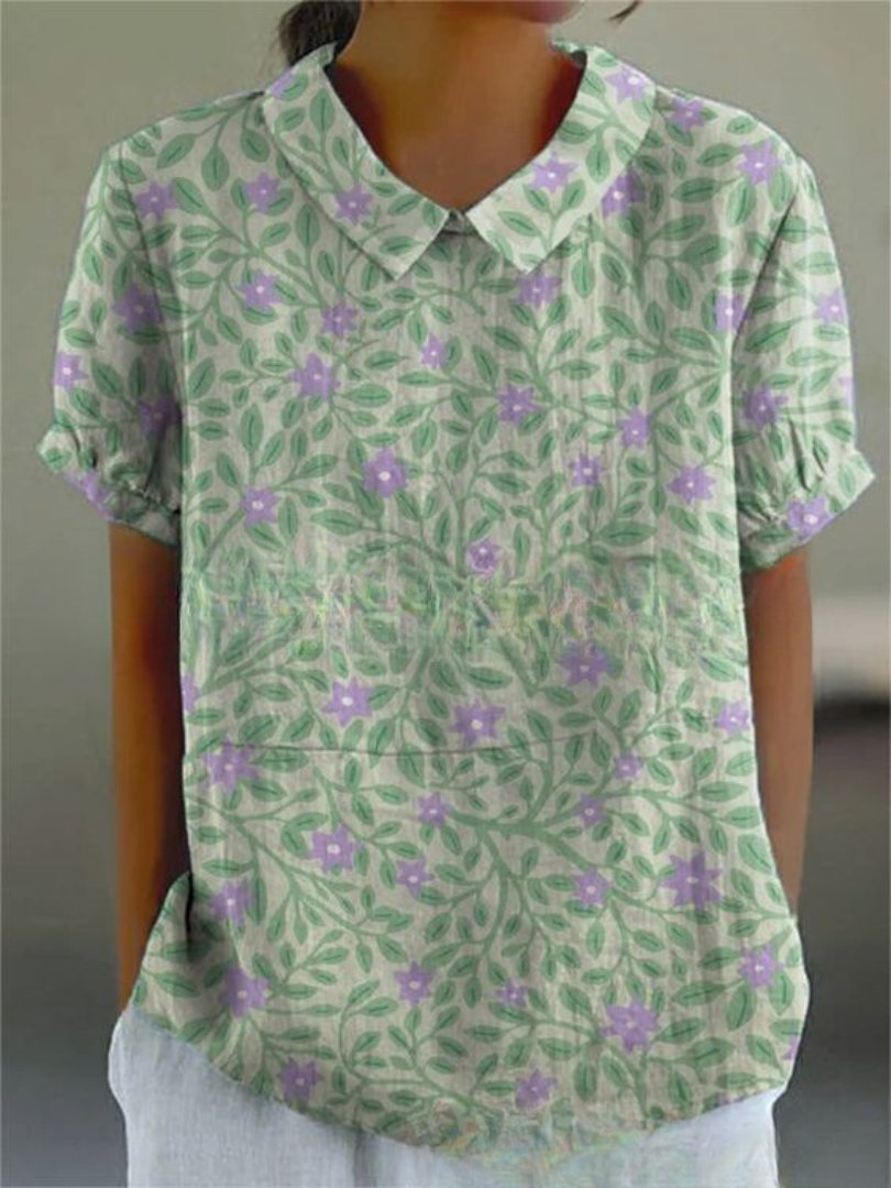 Women's Vintage Floral Embroidered Linen Blouse back view - Classic Collar Short Sleeve Blouse
