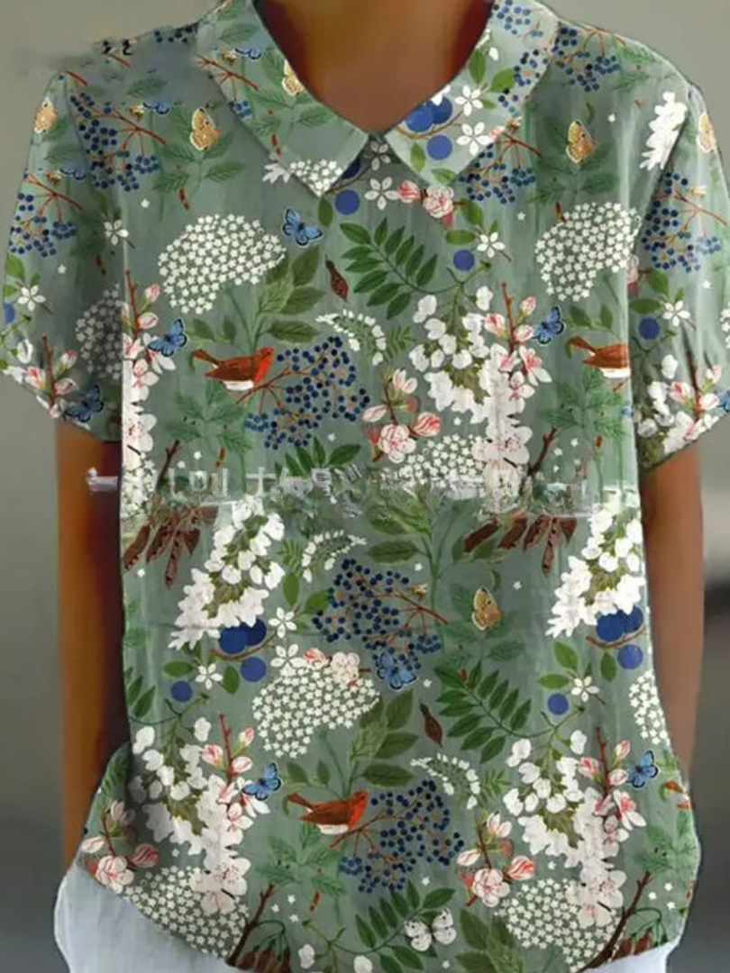 Women's Vintage Floral Embroidered Linen Blouse collar detail - Classic Collar Short Sleeve Blouse