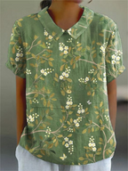 Women's Vintage Floral Embroidered Linen Blouse full look - Classic Collar Short Sleeve Blouse