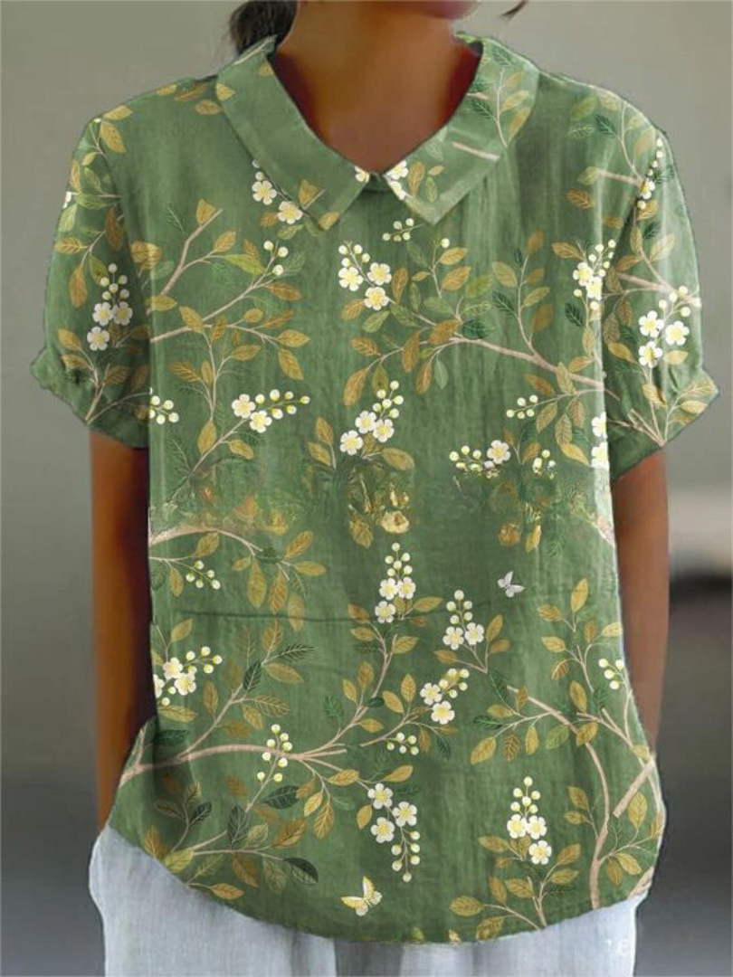 Women's Vintage Floral Embroidered Linen Blouse full look - Classic Collar Short Sleeve Blouse