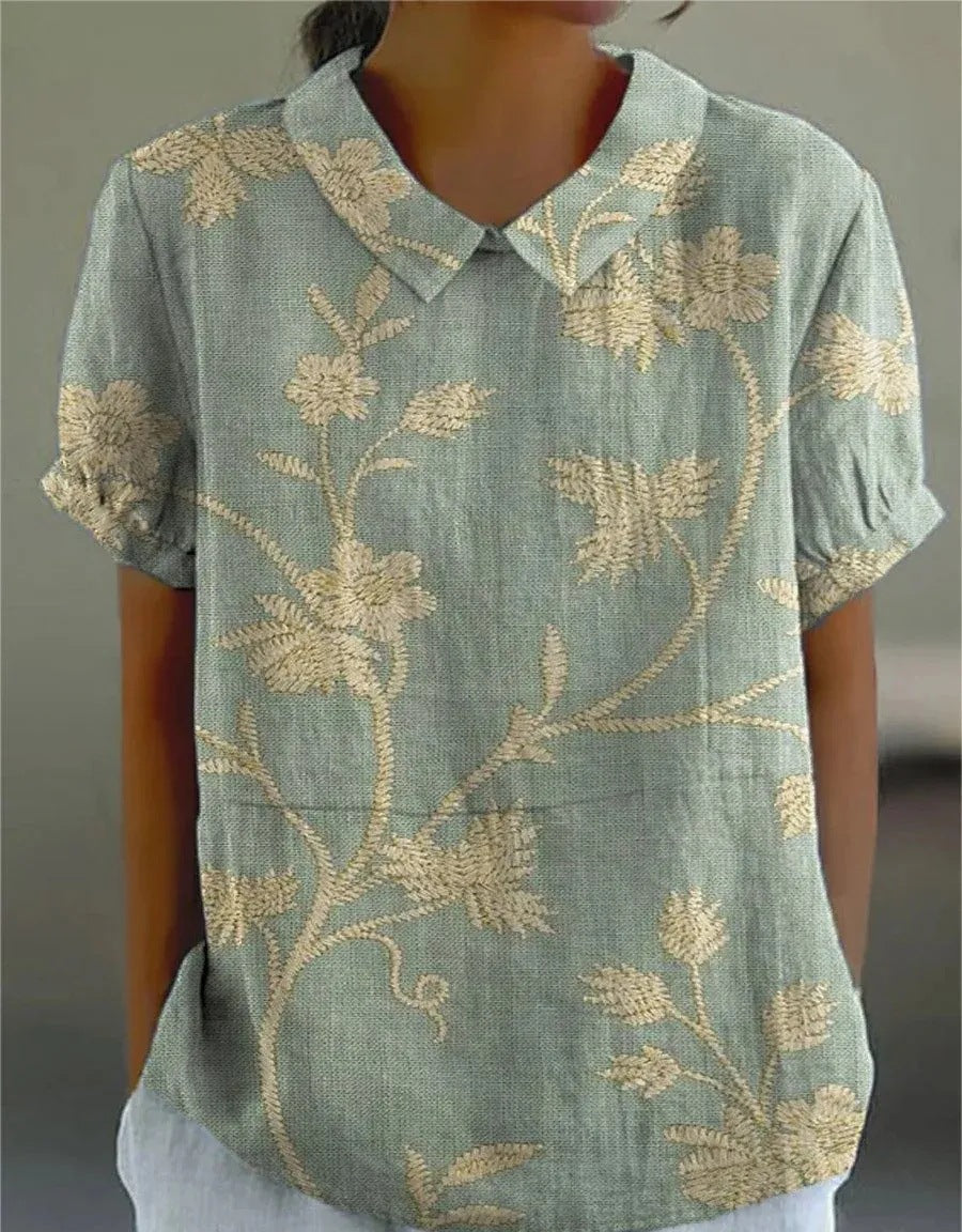 Women's Vintage Floral Embroidered Linen Blouse front view - Classic Collar Short Sleeve Blouse