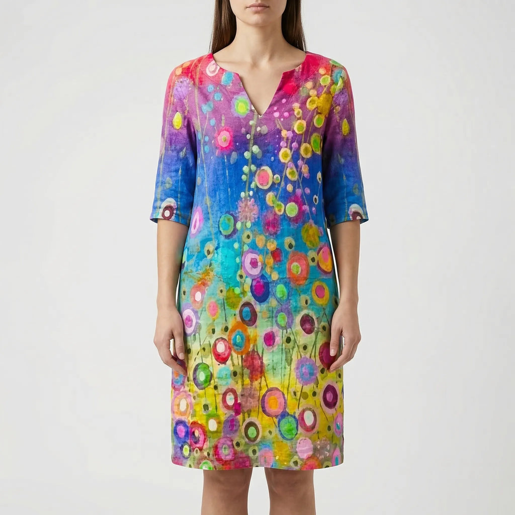 Women's abstract floral long sleeve shift dress, third colourway side view