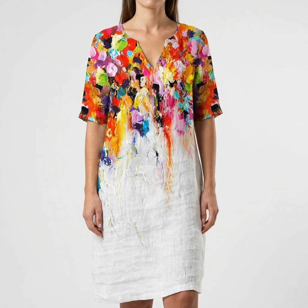 Women's abstract floral long sleeve shift dress, third colourway back view
