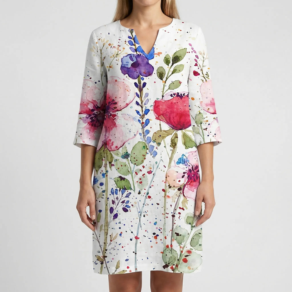 Abstract Floral Long Sleeve Shift Dress – Casual