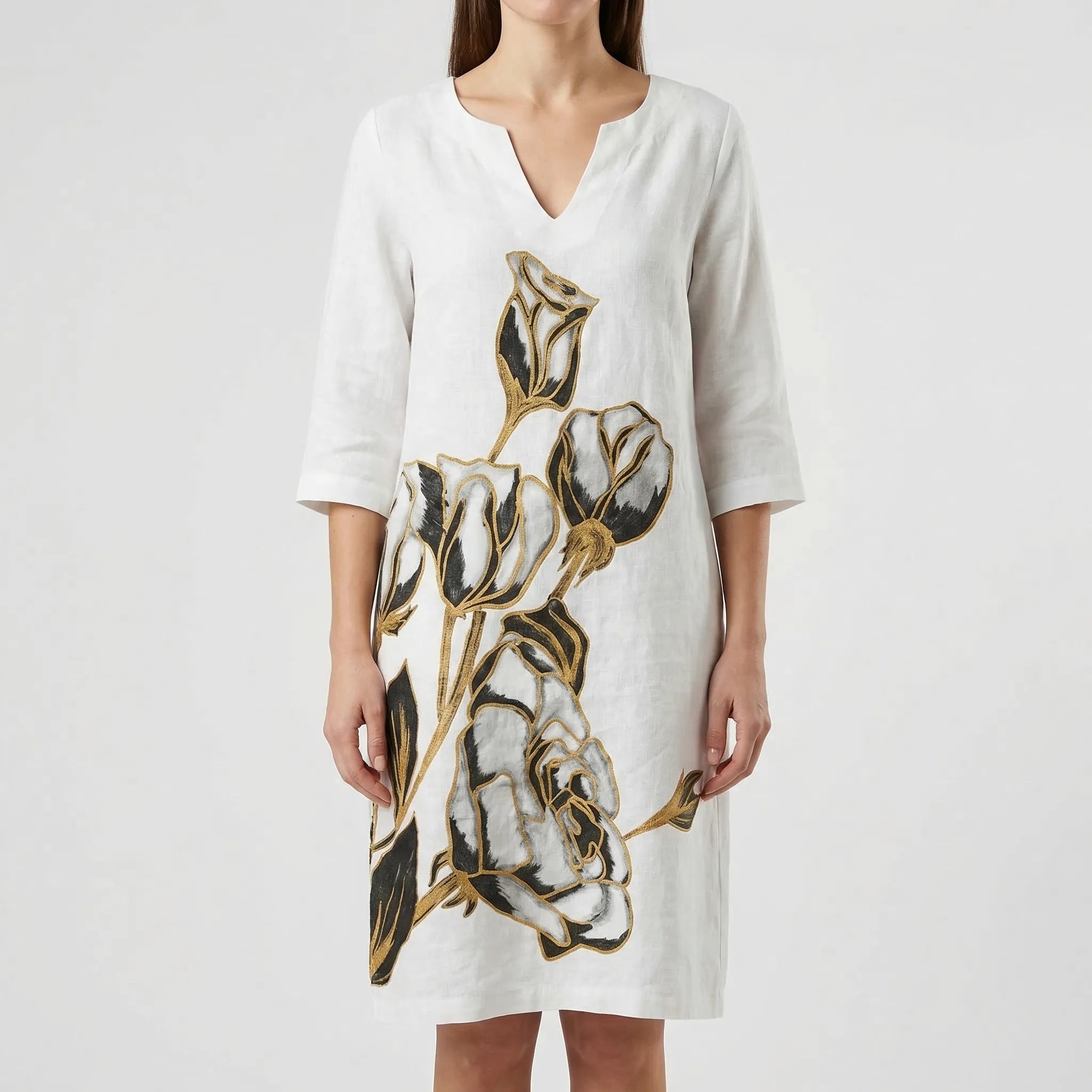 Women's abstract floral long sleeve shift dress, side profile view