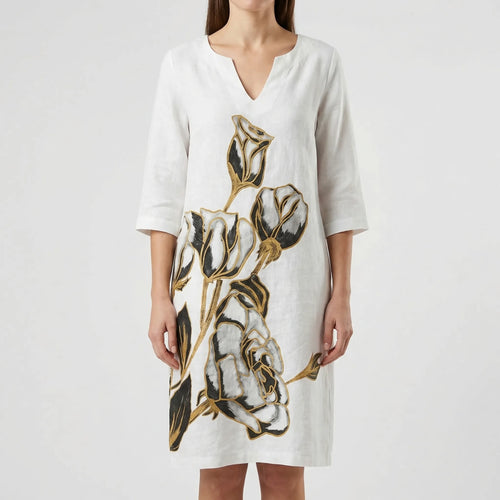 Women's abstract floral long sleeve shift dress, side profile view