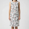Women's abstract floral shift dress detail showing print and V-neckline