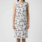 Women's abstract floral shift dress detail showing print and V-neckline