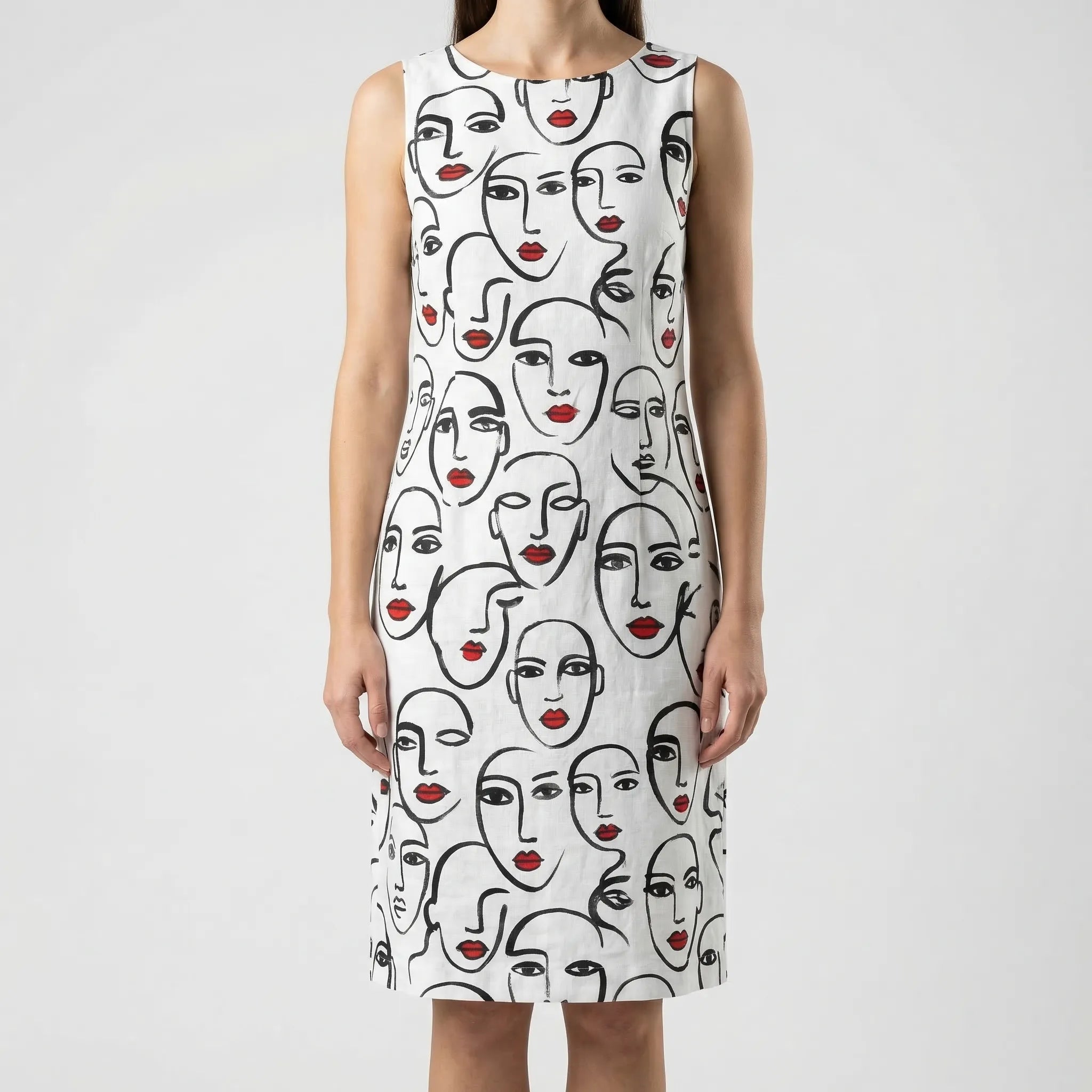 Women's abstract floral shift dress detail showing print and V-neckline