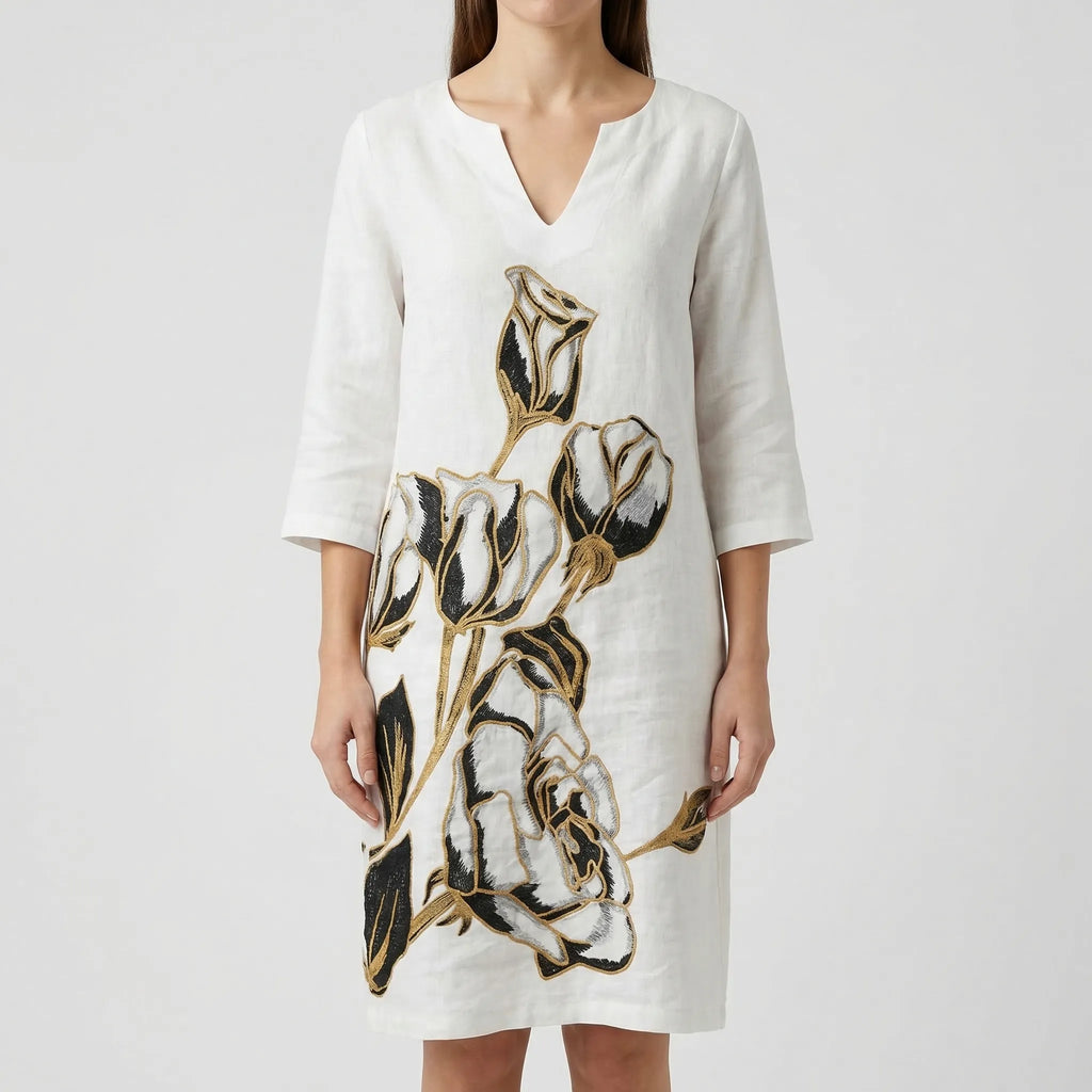 Women's abstract floral long sleeve shift dress, second colourway front view