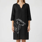 Women's abstract floral long sleeve shift dress, third colourway front view