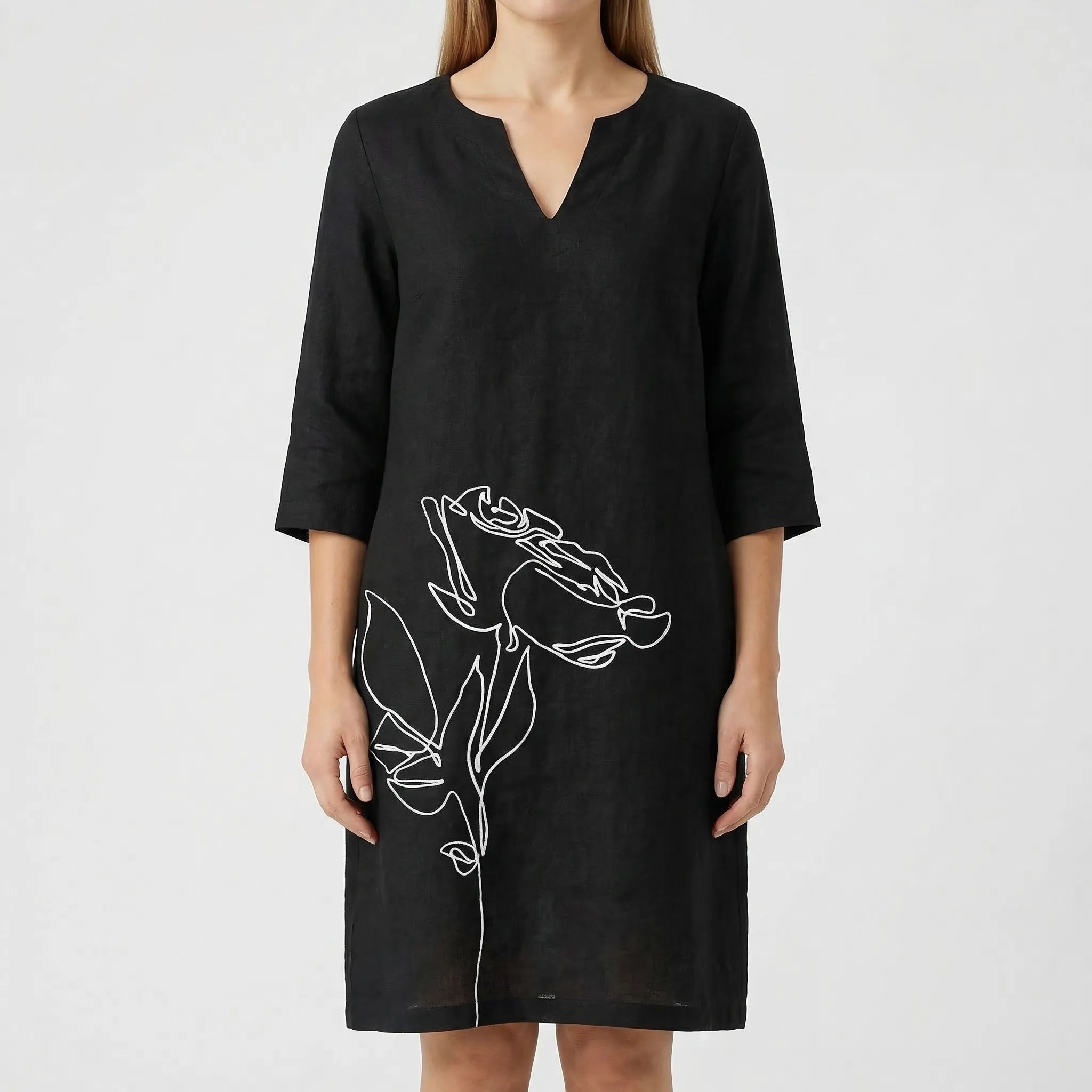 Women's abstract floral long sleeve shift dress, third colourway front view