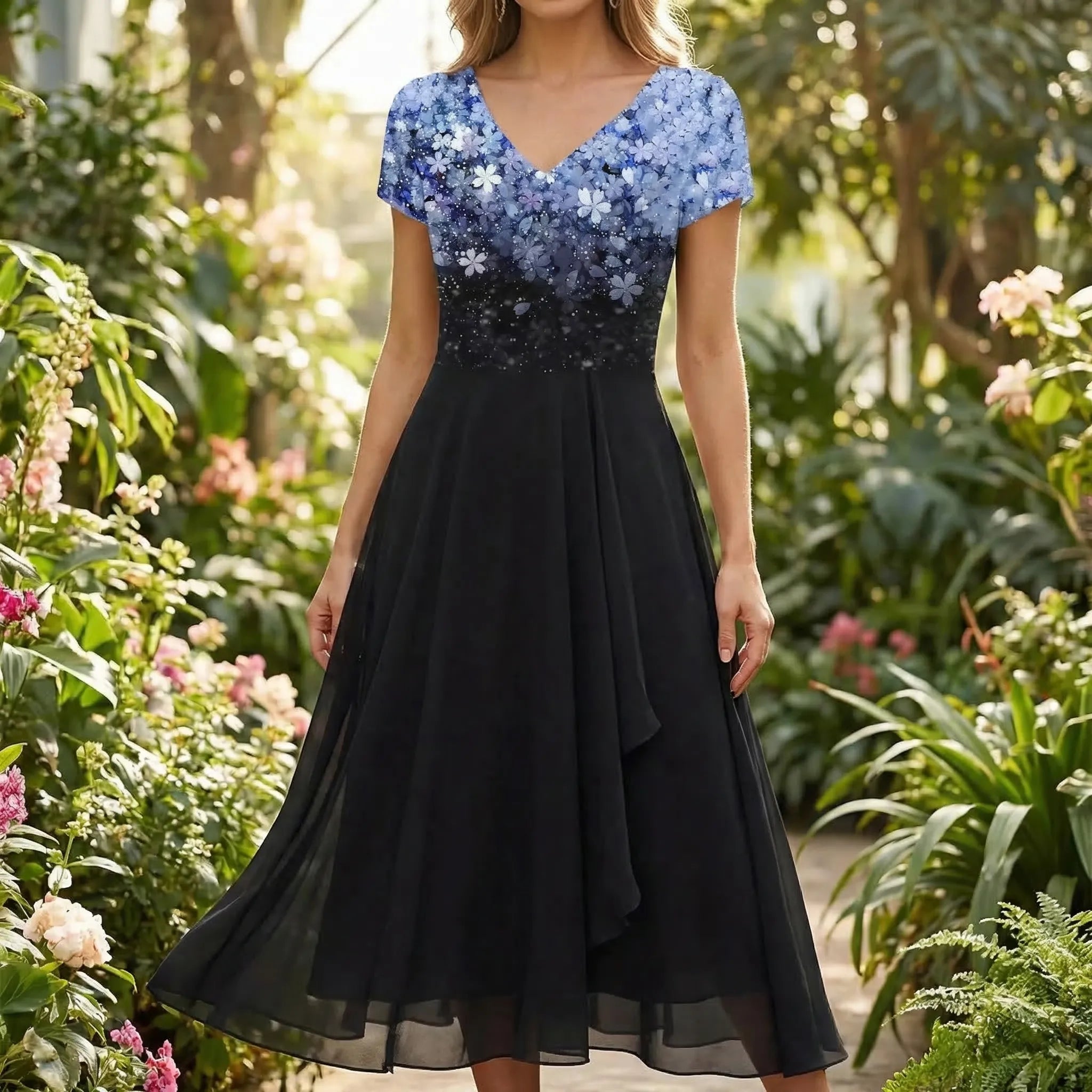 Floral print bodice midi dress with cap sleeves, front view