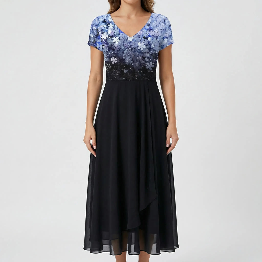 Floral print bodice midi dress with cap sleeves, side profile view