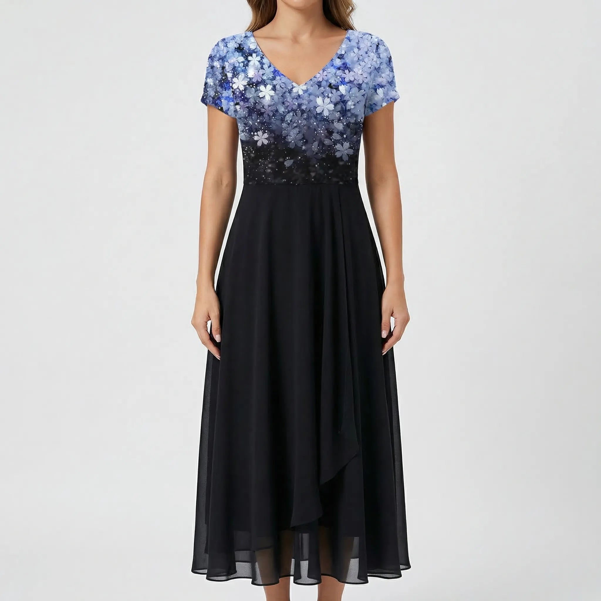 Floral print bodice midi dress with cap sleeves, side profile view