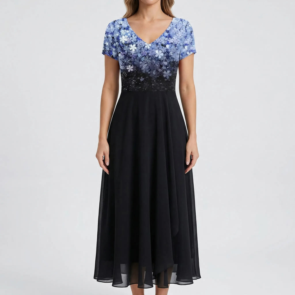 Close-up of floral bodice and contrast plain skirt detail